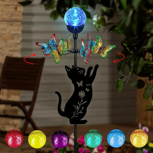 Solar Lights Yard Stakes-Butterfly Wind Spinners,Metal Black Cat Garden Decor with Color Changing LED for Patio,Pathway,Lawn,Walkway,Outdoor Decorative