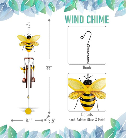 CoTa Global Bee Wind Chime - Handmade Metal and Glass Hanging Decor, Yellow and Black Garden Ornament with Copper Tubes, Indoor Outdoor Porch Patio Yard Decoration - 33 Inches