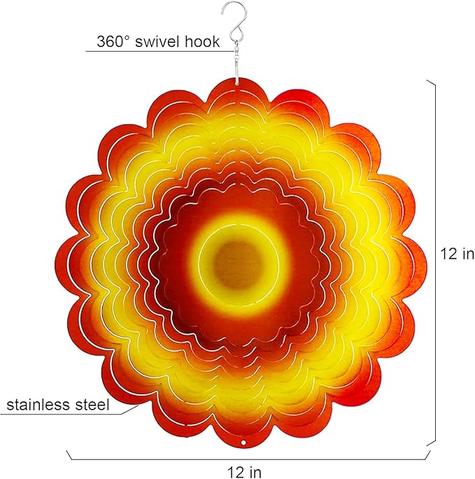 Sun Wind Spinner Outdoor Decor, Yellow Orange Sunflower 12 Inch 3D Wind Sculpture for Garden Patio Yard Hanging, Ideal Gifts for Mom Women