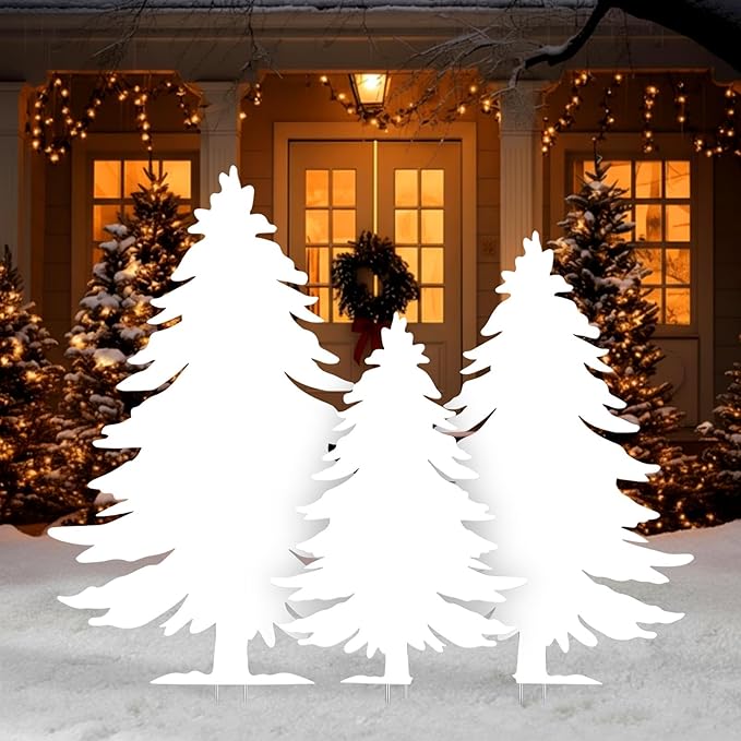 3-Piece Christmas Tree Silhouette Set 47 Inch Christmas Tree Yard Decoration Outdoor Weather-Resistant PVC Xmas Outside Decor for Lawn Garden Pathway Display with 6 Ground Stakes