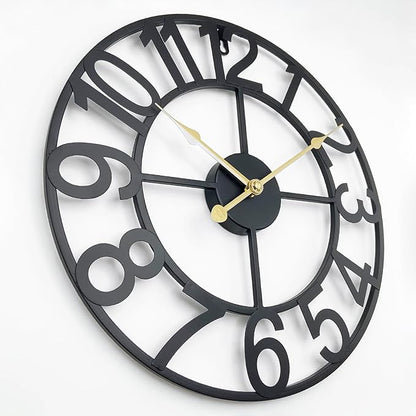 Indoor Outdoor Large Patio Decorative Wall Clock Silent Non Ticking Battery Operated, 16 Inch Modern Black Metal Wall Clock for Pool Area, Living Room, Farmhouse, Kitchen