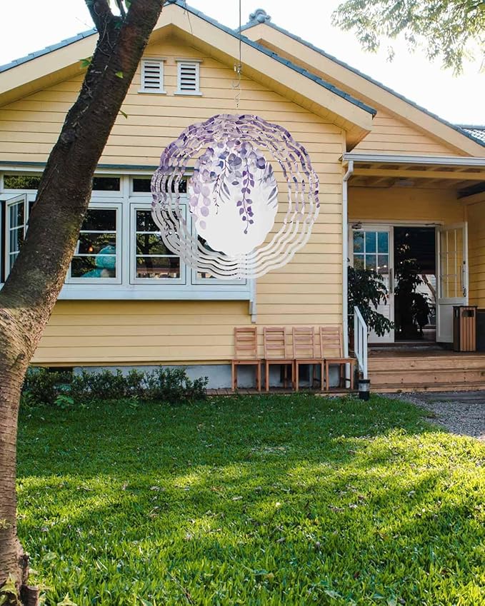Stainless Steel Wind Spinner for Yard Garden Decoration, Purple Plant Eucalyptus Leaves Round Wind Sculpture Spinner 3D Crafts Hanging Ornaments for Indoor Outdoor, 8 Inch