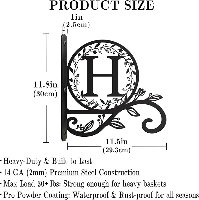 Personalized Initial Metal Plant Hanger Bracket, Decorative Wall Mount Hanging Plant Hook, Monogram Floral Leaf Garden Stake for Hanging Baskets Bird Feeders Lanterns Wind Chime (H)