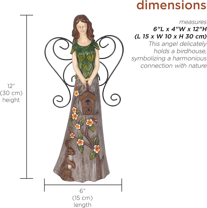 Alpine Corporation WQA1552 Floral Woodland Angel Holding Birdhouse Statue, Sentimental Decor for Garden & Patio, 12" H
