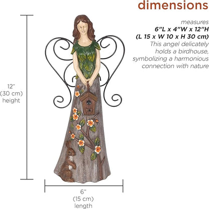 Alpine Corporation WQA1552 Floral Woodland Angel Holding Birdhouse Statue, Sentimental Decor for Garden & Patio, 12" H