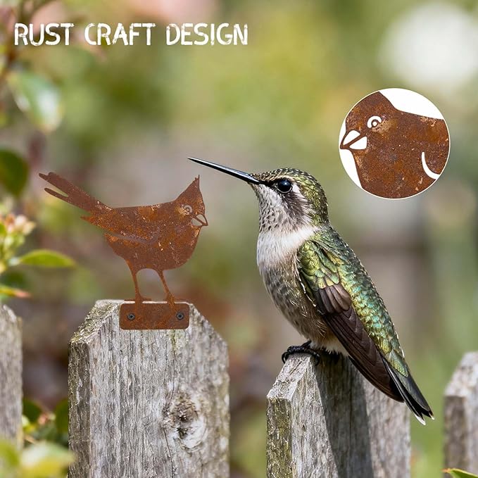 5 Pack Rusty Cardinal Birds Decoration - Outdoor Double-Side Metal Birds Decor for Fence, Yard, Farmhouse, Garden Sculptures Hummingbirds Craft Statue Ornaments Gifts for Bird Lovers (A)