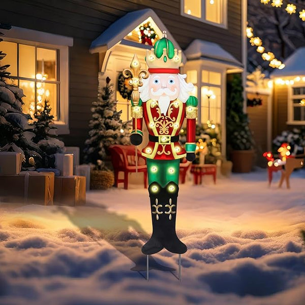 WONDER GARDEN Outdoor Nutcracker Christmas Yard Stakes, Metal Yard Signs, Led Light Soldier King Christmas Yard Decorations for Lawn Party Decorations