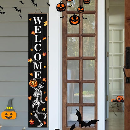Funny Skull Porch Sign Halloween Skeleton Welcome Sign for Patio, Fall Decorations Wooden Front Door Signs Outdoor Pumpkin Standing Yard Sign Seasonal Vertical Signs for Holiday Wall Party Decor