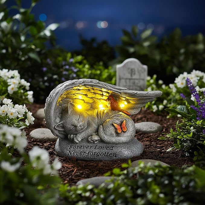 Cat Memorial Stones with Solar Angel Wing Cardinal Butterfly 8 Inch, Sleeping Cat Grave Markers Outdoor Waterproof Pet Loss Sympathy Gift for Garden or Tombstone Statue