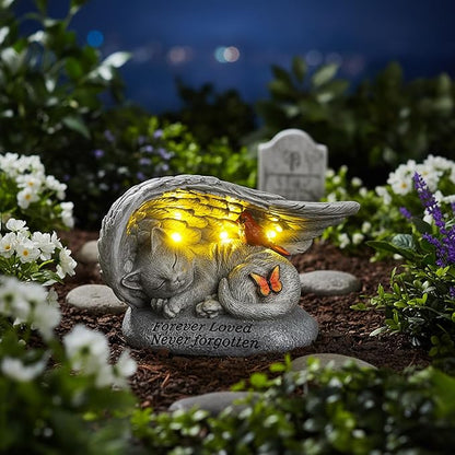 Cat Memorial Stones with Solar Angel Wing Cardinal Butterfly 8 Inch, Sleeping Cat Grave Markers Outdoor Waterproof Pet Loss Sympathy Gift for Garden or Tombstone Statue