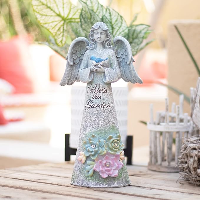Angel Garden Statue Outdoor Decor, Angel Garden Holding Bird with Solar Lights, Gardening Gifts for Mom Grandma, Art Decoration Lawn Ornament Sculpture for Outside