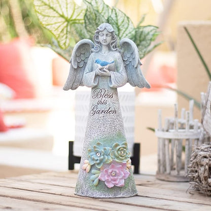 Angel Garden Statue Outdoor Decor, Angel Garden Holding Bird with Solar Lights, Gardening Gifts for Mom Grandma, Art Decoration Lawn Ornament Sculpture for Outside