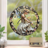 1PC Flower Fairy Acrylic Stained Glass Suncatcher Nature Round Flowers and Girls Suncatcher Hanging Decoration with Metal Chain-SunCatchers for Window Decor Outdoor Garden Decor Gift (C)
