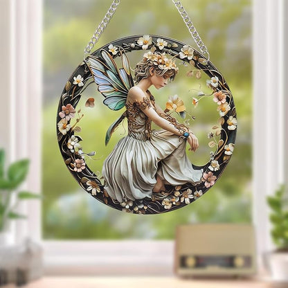 1PC Flower Fairy Acrylic Stained Glass Suncatcher Nature Round Flowers and Girls Suncatcher Hanging Decoration with Metal Chain-SunCatchers for Window Decor Outdoor Garden Decor Gift (C)