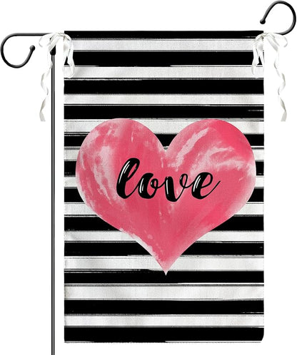 Love Heart Garden Flag Valentines Day Strips Yard Flag Outside Double Sided Anniversary Wedding Burlap Garden Flags Pink Love House Banner for Outdoor Valentine Decor 12x18 Inch