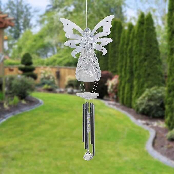Exhart Wind Chimes, Solar Angel Wind Chime with Metal Wings, 13 LED Firefly Lights, White Acrylic Large Lawn and Yard Decoration, 6.5 x 4 x 42 Inch