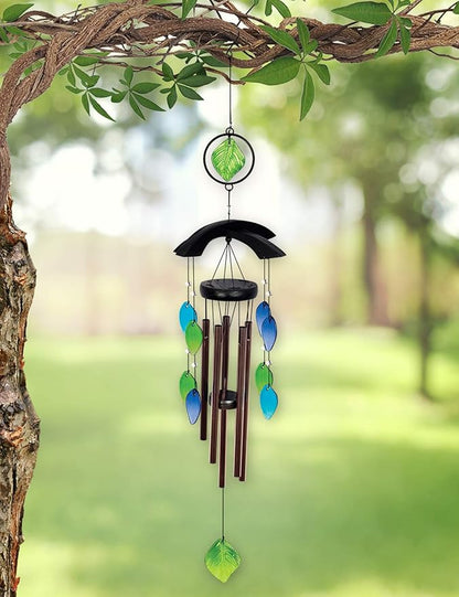 Sunset Vista Designs 91948 Asian Bell Chimes Wood and Metal Wind-Bells Wind Chime for Patios Porches and More, 35-Inches Long, Blue & Green Glass