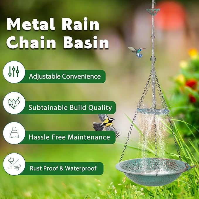 13 inch Rain Chain Basin, Metal Rain Chains Anchoring Bowl Dish, DIY Rain Chain Basin for Gutter Downspout, 2 Layer Hanging Birdbath for Outdoor Garden Patio Decor