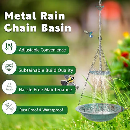 13 inch Rain Chain Basin, Metal Rain Chains Anchoring Bowl Dish, DIY Rain Chain Basin for Gutter Downspout, 2 Layer Hanging Birdbath for Outdoor Garden Patio Decor