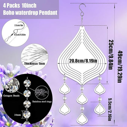 4Pack 10inch Sublimation Wind Spinner Blanks 3D Aluminum Metal Wind Sculpture Kinetic Spinners for Yard and Garden Indoor Art Ornaments Hanging Decoration (Boho Waterdrop Pendant)