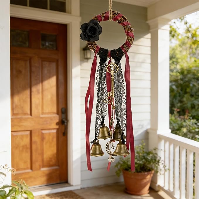 Witches Bells for Door Protection - Handmade Witch Bells Door Knob Wind Chimes Hanging Witchcraft Supplies Wiccan Decor, Unique Gifts for Witches. Magic Wreath Decor Witchy Accessories