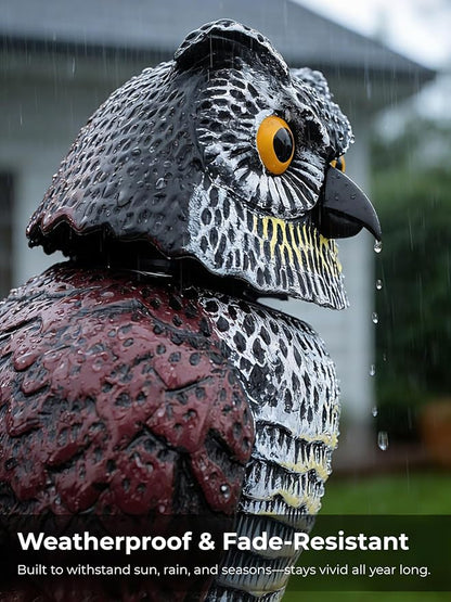 Garden Fake Owl Sculpture with 360° Rotating Head, Waterproof Outdoor Statue for Garden Yard Patio Balcony Roof