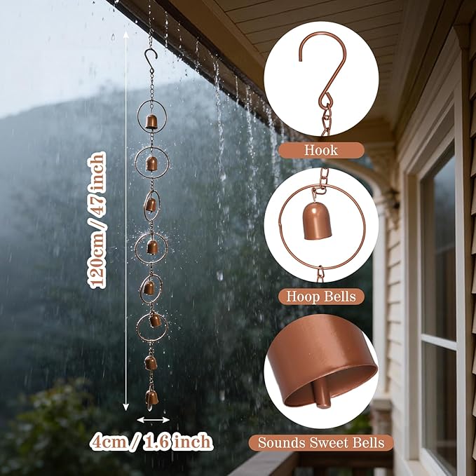 Hanging Rain Chime Metal Rain Chain Garden Wind Chimes Decorative Bell Musical Rain Feng Shui Good Luck Chimes for Gutter Drainage Home Outside Decor