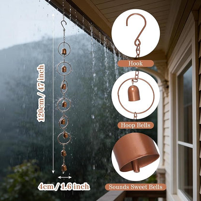 Hanging Rain Chime Metal Rain Chain Garden Wind Chimes Decorative Bell Musical Rain Feng Shui Good Luck Chimes for Gutter Drainage Home Outside Decor