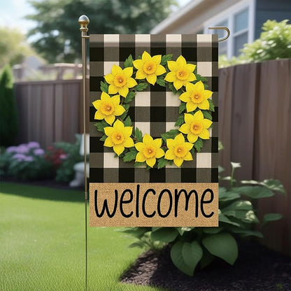 Buffalo Plaid Welcome Wreath Garden Flag Yellow Daffodil Flower Flag 12×18 Inch Double Sided Spring Outdoor Decor Welcome for Porch Patio Lawn Yard Farmhouse Seasonal Outside