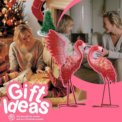 Natelf Flamingos Garden Statues Small Outdoor Decor, Set of 2 Metal Yard Art with Spread & Folded Wings, Weather-Resistant Pink Flamingo Lawn Sculpture for Patio, Backyard - Gift for Women, Mom