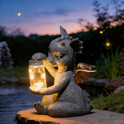 DiliComing Solar Dragon Garden Statues - Cute Dragon Baby Holding a Solar Jar, Outdoor Lawn Décor for Garden Yard, Balcony and Home, for Women