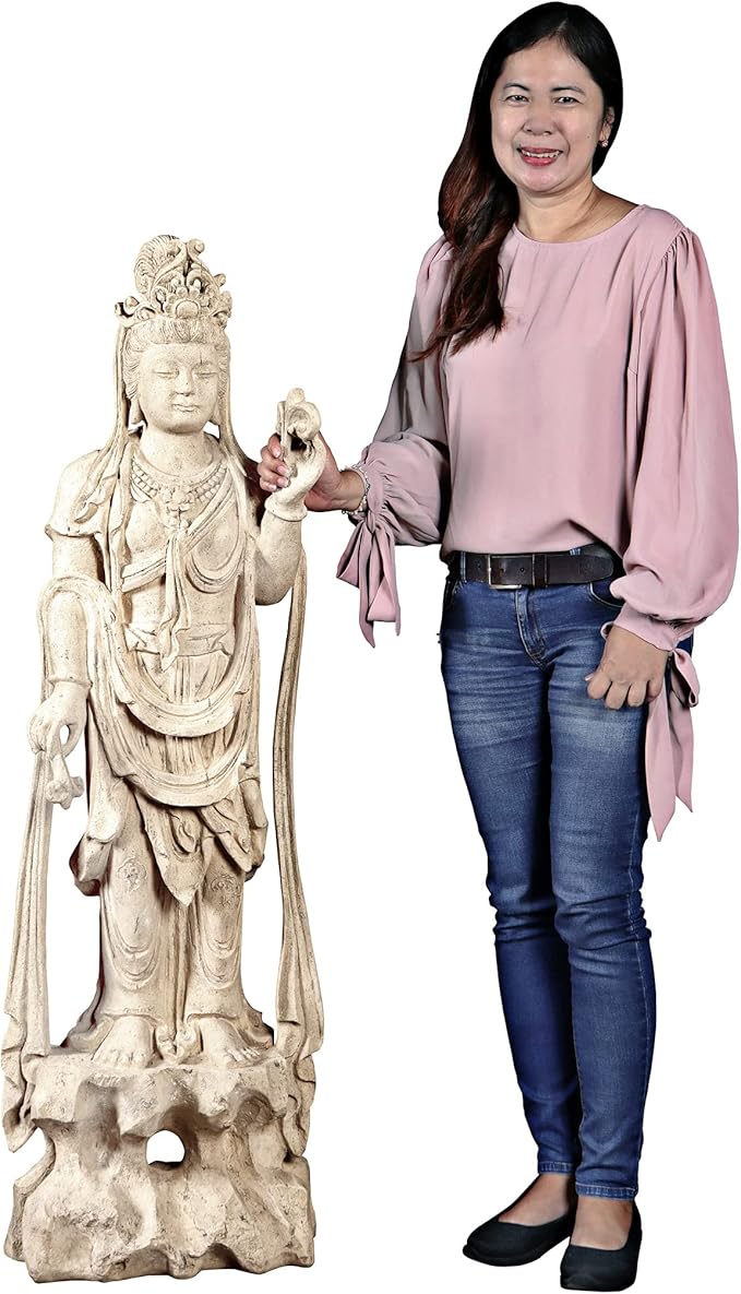 Design Toscano Guan-Yin Patroness of Compassion Asian Decor Outdoor Garden Statue, 54 inches Tall, Fiberglass Cast Stone Resin, Limestone Finish