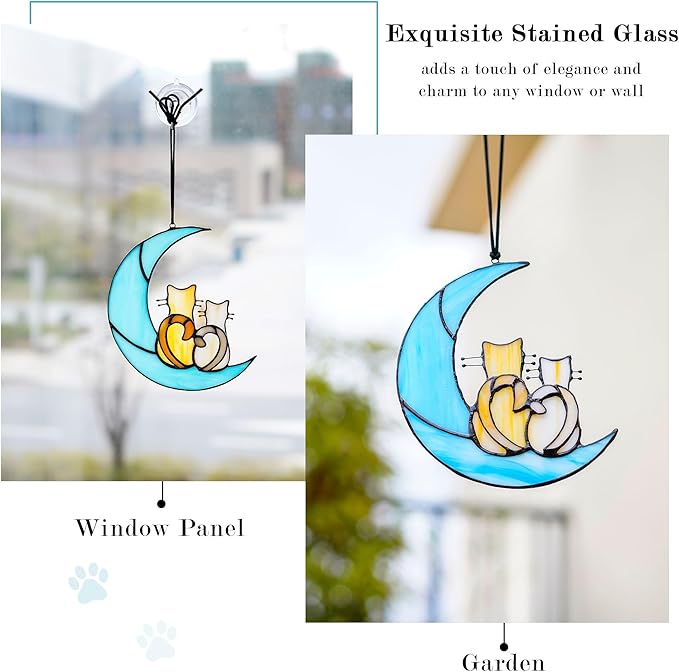 HDCRYSTALGIFTS 6.5'' Valentine’s Day Gift, Cat Lovers Stained Glass Window Hanging Sun Catcher Gifts for Women/Girls, Glass Couple Cat Sitting on Moon Suncatcher for Window, Wall Home Decor