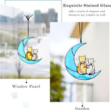 HDCRYSTALGIFTS 6.5'' Valentine’s Day Gift, Cat Lovers Stained Glass Window Hanging Sun Catcher Gifts for Women/Girls, Glass Couple Cat Sitting on Moon Suncatcher for Window, Wall Home Decor