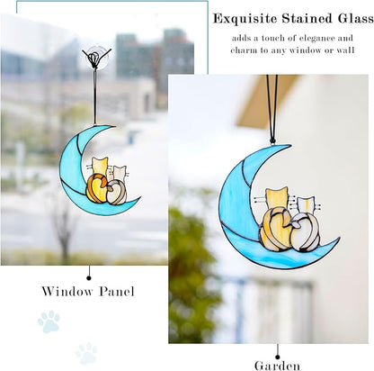 HDCRYSTALGIFTS 6.5'' Valentine’s Day Gift, Cat Lovers Stained Glass Window Hanging Sun Catcher Gifts for Women/Girls, Glass Couple Cat Sitting on Moon Suncatcher for Window, Wall Home Decor