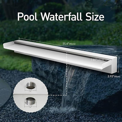 Pool Fountain Stainless Steel Pond Waterfall Spillway Kits for Indoor/Outdoor Decorative, 36 Inches Pool Water Feature for Garden Patio, Backyard Koi Pond Decor(No LED Light)
