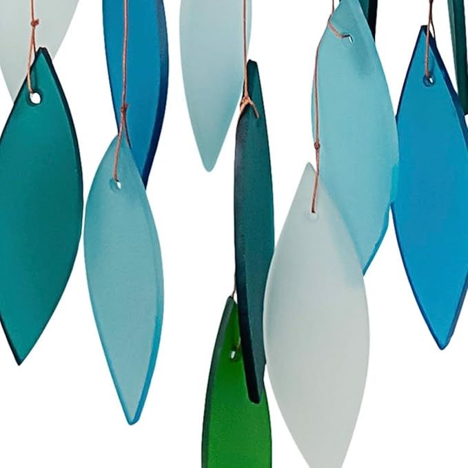 Blue Handworks Ocean Waterfall Glass and Driftwood Chime, Sandblasted Glass and Found Wood Handcrafted Wind Chime