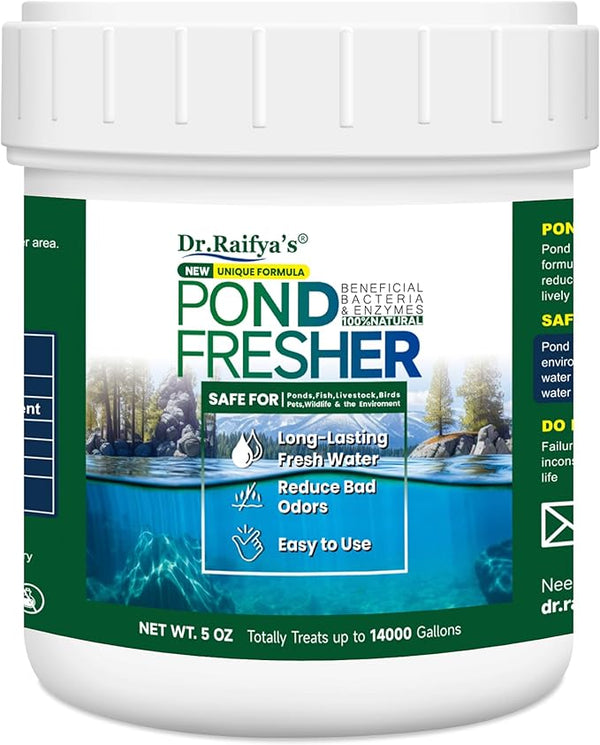 Dr. Raifya's Pond Fresher - 5 OZ - Natural Water Clear & Odor Control in Koi Pond, Bird Baths & Fountains, Beneficial Bacteria & Enzymes Safe for Fish, Pets, Wildlife & Plants, Easy to Use