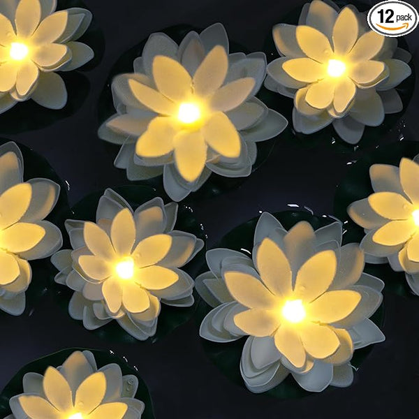 LACGO 12 PCS Diwali Waterproof Floating Lotus Light - Floating Flower Light Battery Operated Water Activated Warm White Pool Flower Lamp Wedding,Anniversary,Garden Decoration(6Inch & 5Inch)