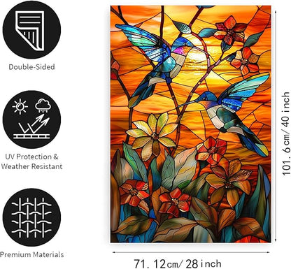 Stained Glass Hummingbird Garden Flag Spring Summer House Flag Fall Floral Decorative Yard Flags for Outside 28x40 Double Sided Large Seasonal Lawn Flags Rustic Outdoor Decor