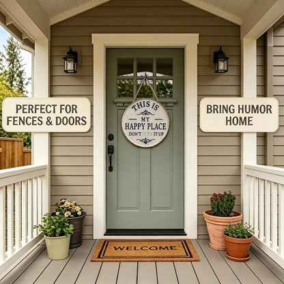 Happy Place – Vintage Statement Metal Sign Round Rustic Wall Decor Funny Garden Sign “This Is My Happy Place Please Respect The Vibe” Metal Hanging Plaque for Front Door Home Office Kitchen (1PCS, 6 * 6in)