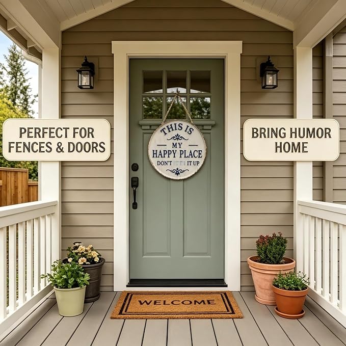 Happy Place – Vintage Statement Metal Sign Round Rustic Wall Decor Funny Garden Sign “This Is My Happy Place Please Respect The Vibe” Metal Hanging Plaque for Front Door Home Office Kitchen (1PCS, 12 * 12in)