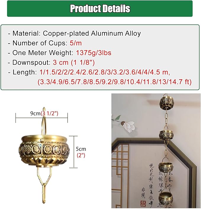 Decorative Rain Chains Waterfall, Hanging Rain Chain Aluminum, Decorative Water Catcher Copper-Plated Cup, Heavy Rain Water Chain for Outside Downspout Gutter, Garden Gift (B 1m/3.3 ft)