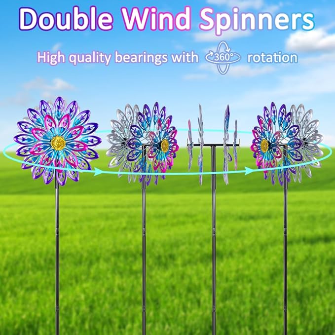 360°Metal Wind Spinner Outdoor,4 Layers Kinetic Wind Sculptures & Spinners with 5-Prond Metal Stake for Yard Patio Lawn Garden Decor