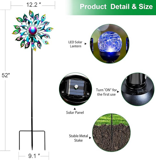 52'' Solar Wind Spinner Outdoor Metal - Kinetic Garden Wind Sculptures with Multi-Color Changing LED Glass Ball, Peacock Tail Design Yard Art Stake Decor for Patio, Lawn, Pathway Decoration