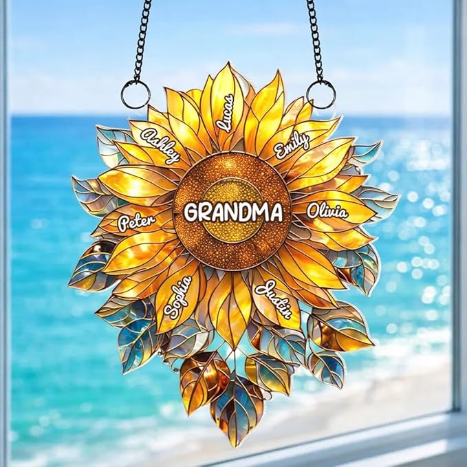 Personalized Grandma Mom Sunflower Acrylic Sun Catcher Gift for Mothers Day, Custom Grandkids Names Window Hanging Decor Ornament Gift for Mama Nana, Faux Stained Glass Ocean Decor