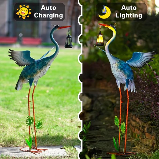 DREAMSOUL Solar Garden Statues 40.6 Inch Tall Heron Outdoor Statues, Metal Crane Statue for Garden, Patio, Yard Decor