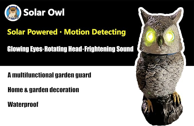 Brown Solar Owl with Motion Detector, Flashing Eyes, Spinning Head, Realistic Hooting and Silent Mode, Garden Owl, Outdoor Statue, Decoration for Home, Garden, Patio and Fence