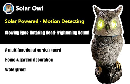 Brown Solar Owl with Motion Detector, Flashing Eyes, Spinning Head, Realistic Hooting and Silent Mode, Garden Owl, Outdoor Statue, Decoration for Home, Garden, Patio and Fence
