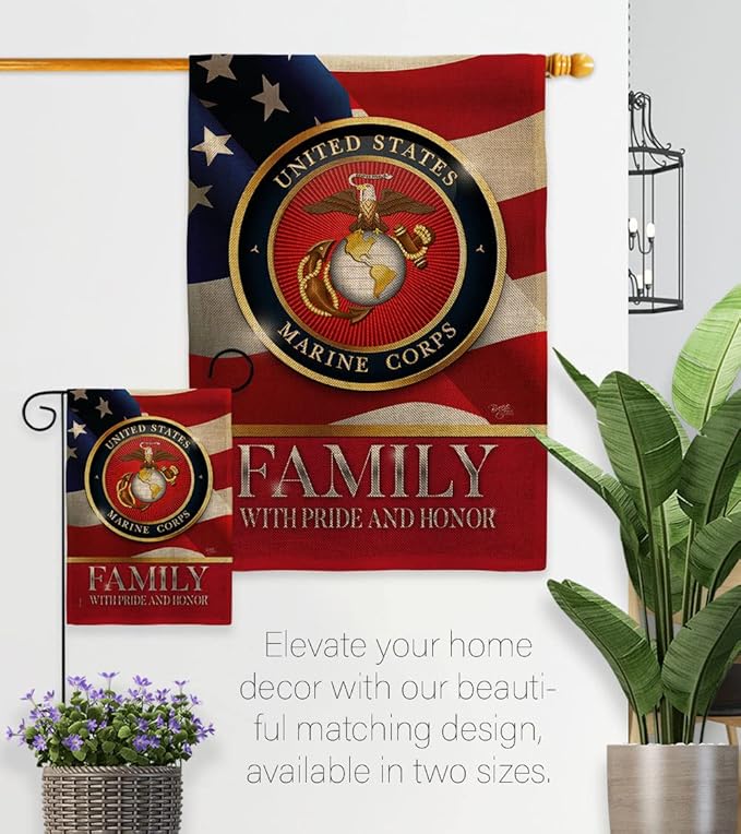 US Marine Family Honor Burlap Garden Flag - Armed Forces Corps USMC Semper Fi United State American Military Veteran Retire Official - House Banner Small Yard Gift Double-Sided 13 X 18.5